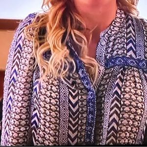 Lucky Brand Semi-Sheer Blue Pattern Blouse Size 2X Beaded for Work or Casual